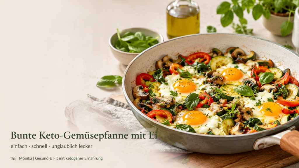 Bunte Keto-Gemüsepfanne mit Ei aus Zucchini, Champignons, Peperoni, Spinat und geschmolzenem Käse – einfaches Low-Carb Rezept für den Alltag.