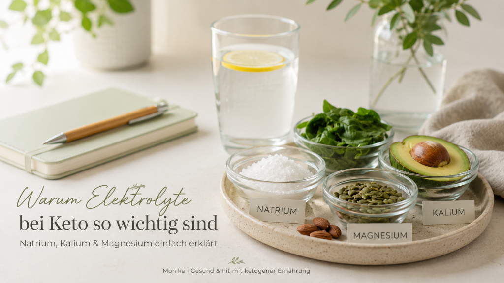 Elektrolyte bei Keto mit Natrium, Kalium und Magnesium sowie keto-freundlichen Lebensmitteln wie Avocado, Spinat und Kürbiskernen einfach erklärt.