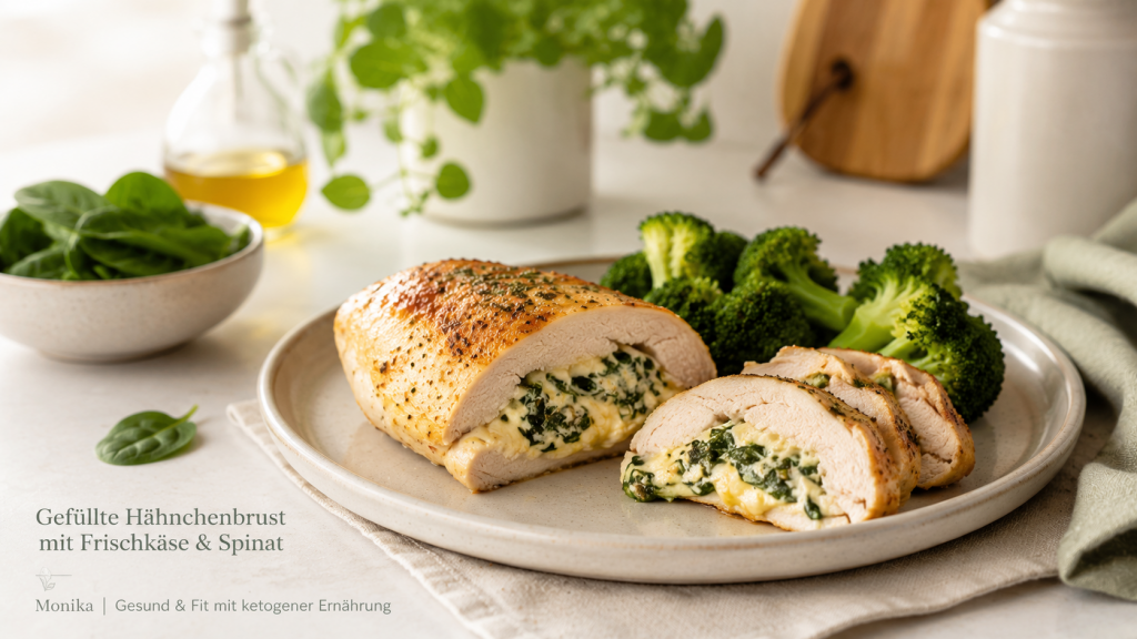 Saftige gefüllte Hähnchenbrust mit Frischkäse und Spinat in einer hellen Auflaufform, serviert mit Brokkoli auf einem modernen Esstisch – einfaches Keto-Hauptgericht aus dem Ofen.