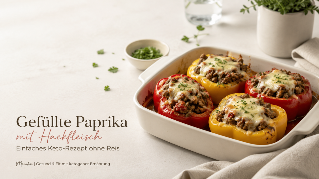 Gefüllte Paprika mit Hackfleisch und Käse als einfaches Keto-Rezept ohne Reis.