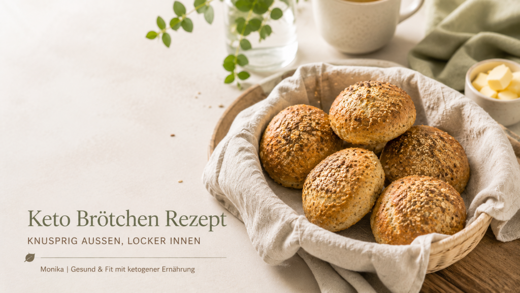 Keto Brötchen Rezept mit sechs goldbraun gebackenen Low-Carb Brötchen in einem Brotkorb auf einem hellen Holztisch. Die Brötchen sind mit Sesam bestreut und werden in einer modernen, lichtdurchfluteten Küche mit Butter und einer Tasse Kaffee präsentiert. Das ruhige Editorial-Foodbild trägt dezent das Branding „Monika | Gesund & Fit mit ketogener Ernährung“.