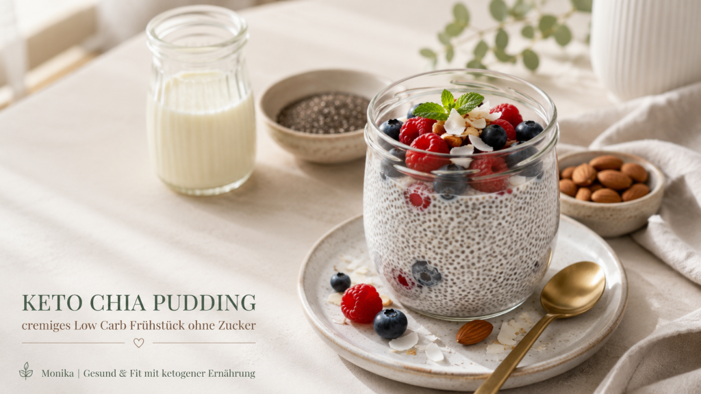 Cremiger Keto Chia Pudding mit Himbeeren, Heidelbeeren, Kokosraspeln und Mandeln in einem Glas – gesundes Low-Carb-Frühstück ohne Zucker mit Chiasamen.