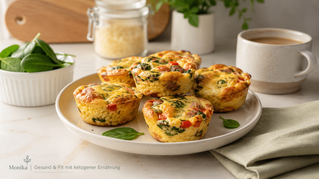 Goldbraun gebackene Keto Ei-Muffins mit Spinat, Paprika, Käse und Schinken auf einem hellen Teller in einer modernen Küche. Das proteinreiche Low-Carb-Frühstück eignet sich ideal für Meal Prep, zum Vorbereiten und Mitnehmen.