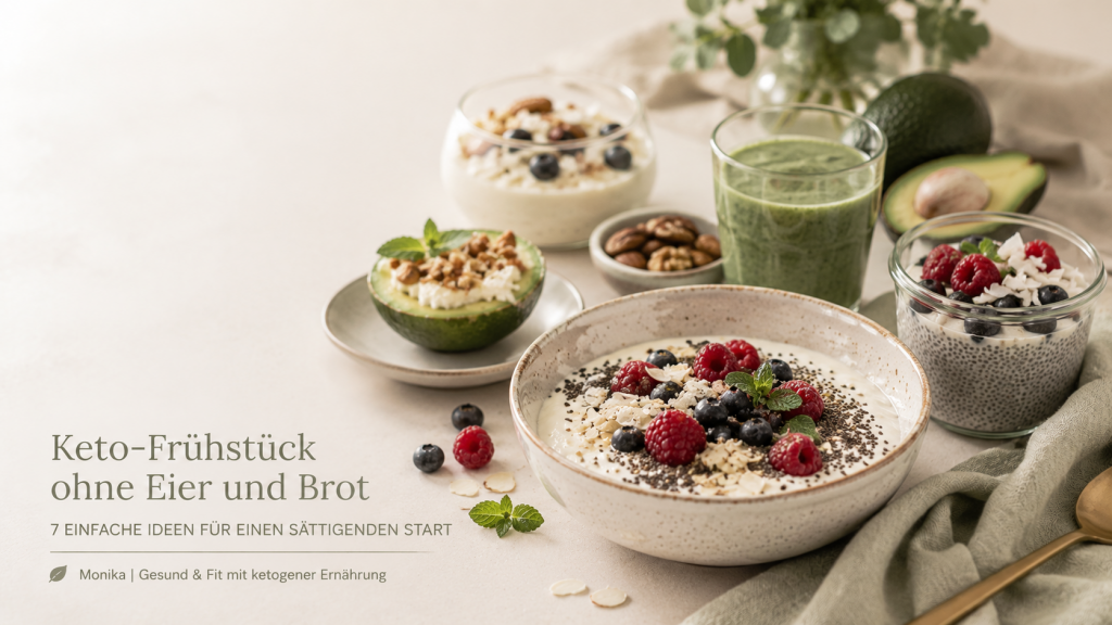 Keto-Frühstück ohne Eier und Brot mit griechischem Joghurt, Chia-Pudding, Avocado, Beeren und grünem Smoothie auf einem hell gedeckten Tisch. Das moderne Low-Carb Frühstück ist in einer ruhigen Food-Szene mit dezentem Branding „Monika | Gesund & Fit mit ketogener Ernährung“ fotografiert.