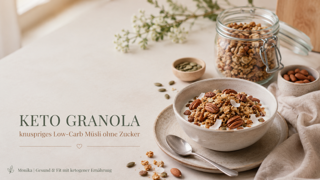 Keto Granola als knuspriges Low-Carb Müsli ohne Zucker in einer Schüssel mit cremigem Joghurt, Pekannüssen, Kokoschips und Kürbiskernen. Im Hintergrund stehen ein Glas mit selbstgemachtem Granola sowie kleine Schälchen mit Nüssen und Samen. Das helle Editorial-Bild zeigt ein gesundes Keto-Frühstück in natürlicher, hochwertiger Foodfotografie.