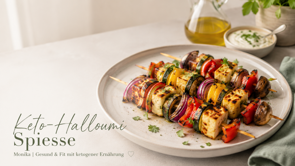 Keto-Halloumi-Spiesse vom Grill mit Halloumi, Zucchetti, Peperoni, Champignons und roten Zwiebeln auf einer Grillplatte – einfaches Low-Carb-Sommerrezept.