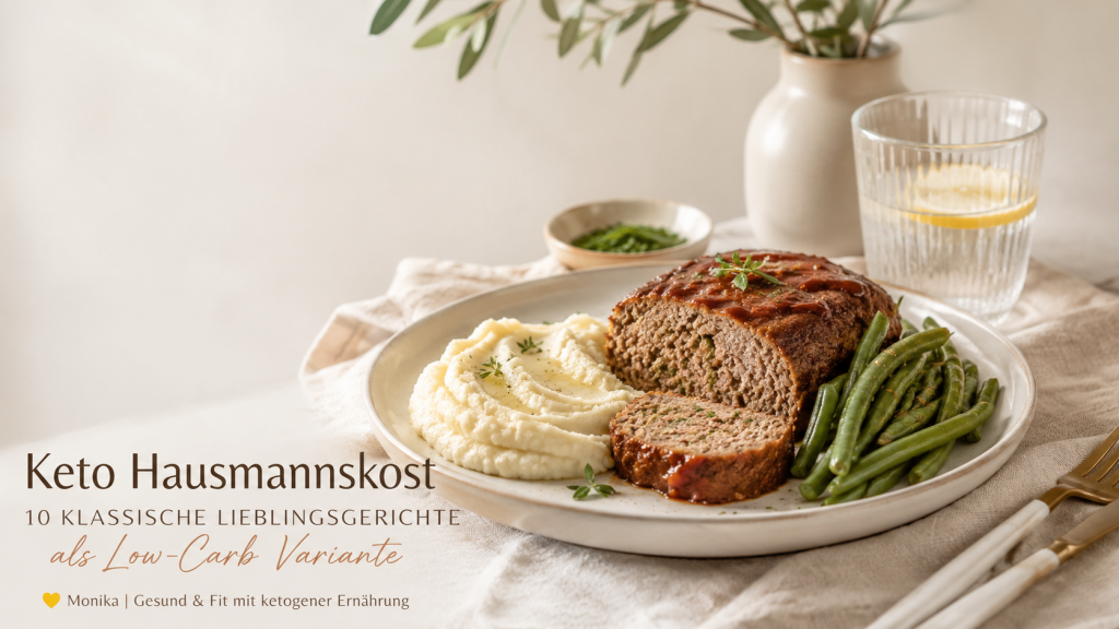 Keto Hausmannskost mit Hackbraten, cremigem Blumenkohlpüree und grünen Bohnen als klassische Low-Carb-Variante.