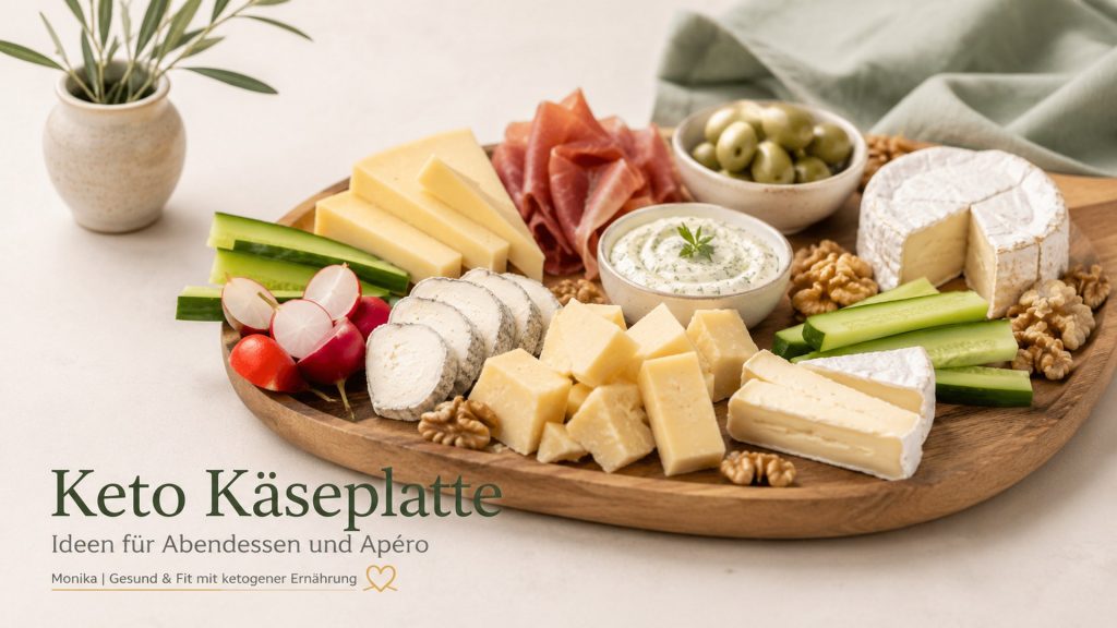 Keto Käseplatte mit verschiedenen Käsesorten, Schinken, Gemüse, Nüssen und Dip als Idee für ein ketogenes Abendessen oder Apéro.