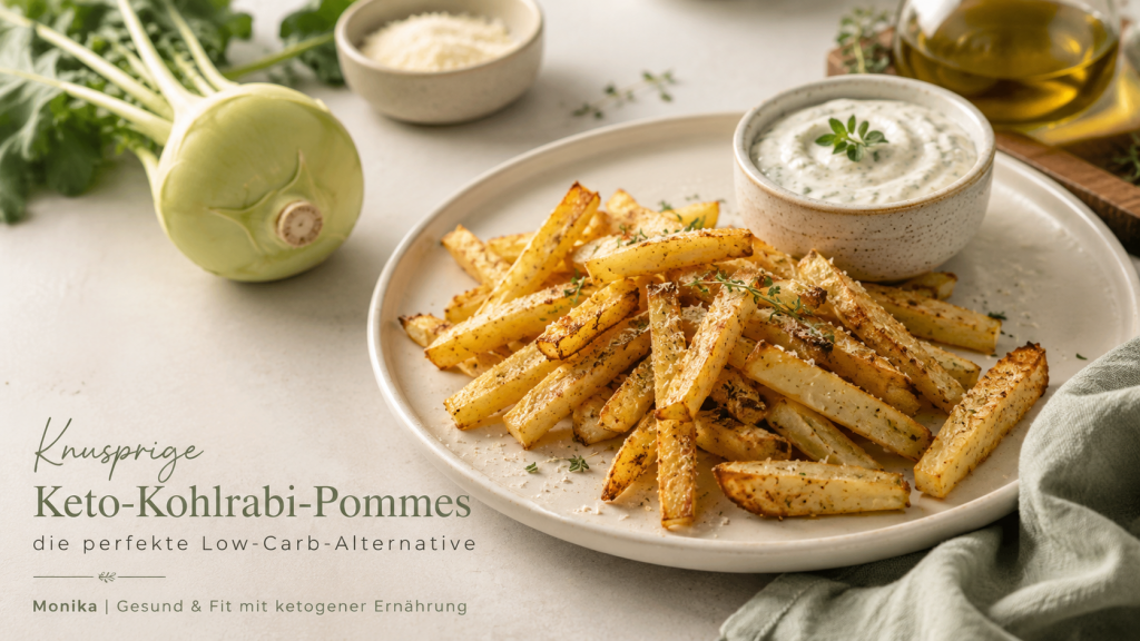 Knusprige Keto-Kohlrabi-Pommes aus dem Ofen mit Parmesan, Kräutern und Dip – einfache Low-Carb-Alternative zu klassischen Pommes.