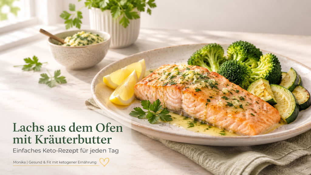 Lachs aus dem Ofen mit Kräuterbutter, Brokkoli und Zucchini auf einem Teller – einfaches Keto-Rezept für jeden Tag