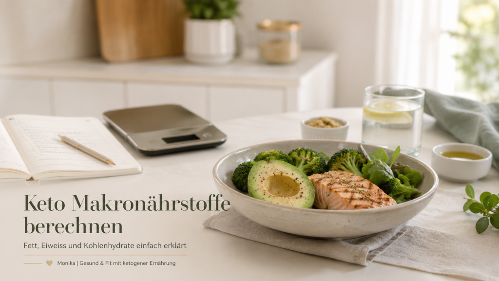 Keto Makronährstoffe berechnen mit Lachs, Avocado, Brokkoli und Küchenwaage als Beispiel für Fett, Eiweiss und Kohlenhydrate.
