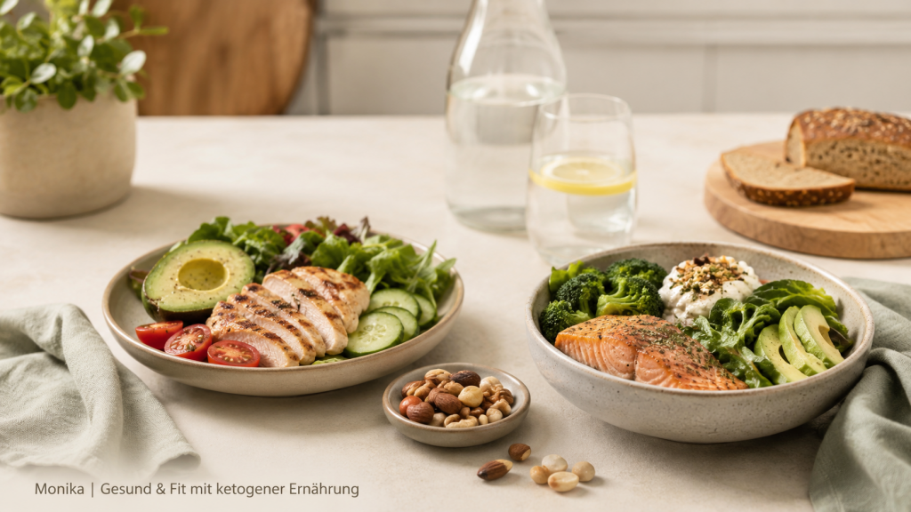 Keto oder Low Carb im Vergleich mit kohlenhydratarmen Lebensmitteln wie Lachs, Hähnchen, Avocado, Brokkoli und Salat.