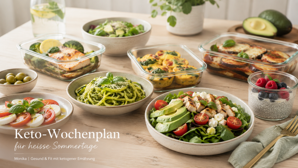 Keto-Wochenplan für heisse Sommertage mit sieben leichten Low-Carb Mahlzeiten, frischem Gemüse, Salat, Avocado und ketofreundlichen Sommergerichten.
