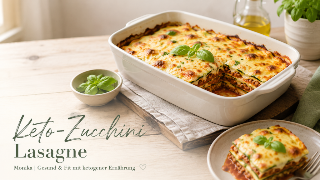 Keto-Zucchini Lasagne für die ganze Familie mit Zucchinischeiben, würziger Hackfleischsauce und goldbraun überbackenem Käse in einer hellen Auflaufform.