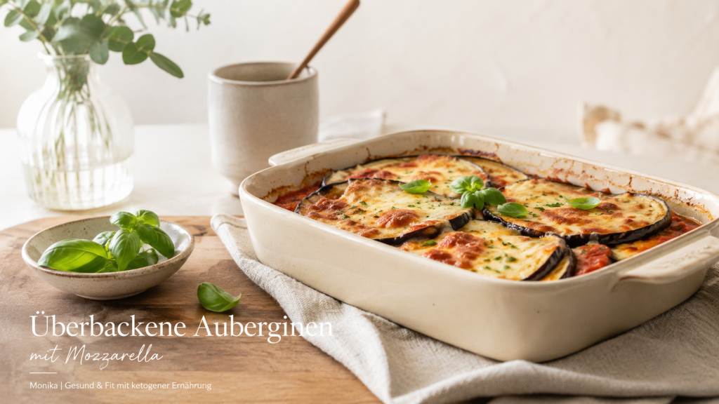 Überbackene Auberginen mit Mozzarella – einfaches vegetarisches Keto-Rezept in einer hellen Auflaufform mit Tomatensauce und frischem Basilikum.