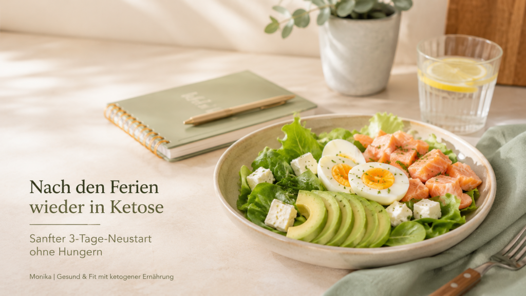 Nach den Ferien wieder in Ketose mit einer einfachen Keto-Mahlzeit aus Ei, Avocado, Salat, Feta und Lachs.