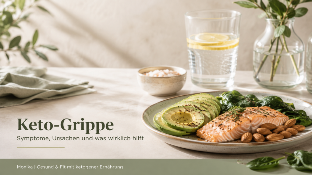 Keto-Grippe mit Lachs, Avocado, Spinat, Mandeln und Wasser als Beispiel für einen ausgewogenen Keto-Start.