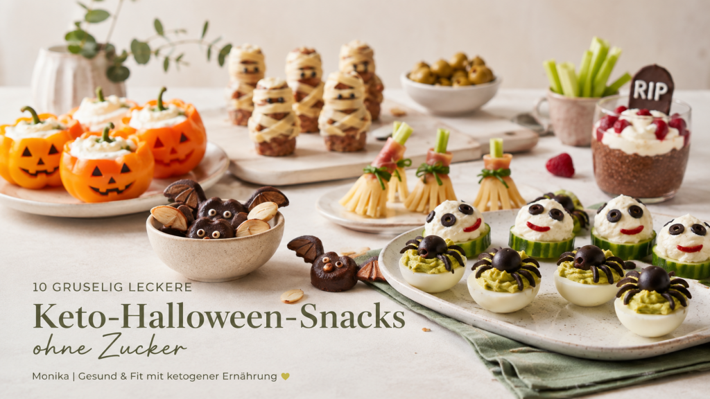Keto-Halloween-Snacks ohne Zucker mit Eier-Spinnen, Gurken-Monstern, Paprika-Kürbissen, Käsebesen und Chia-Pudding.