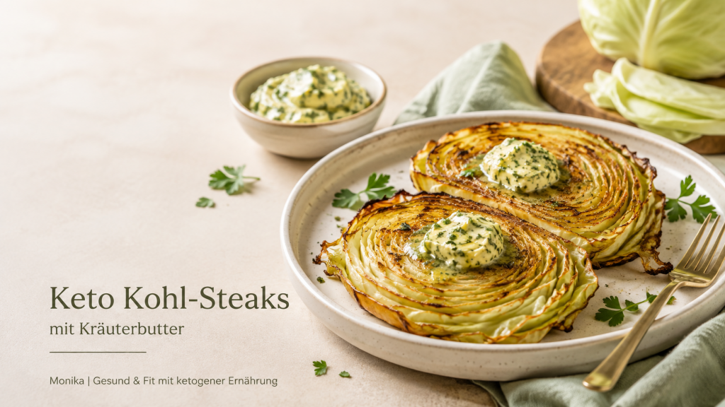 Keto Kohl-Steaks mit schmelzender Kräuterbutter und goldbraun gerösteten Rändern als einfaches Low-Carb-Gericht.