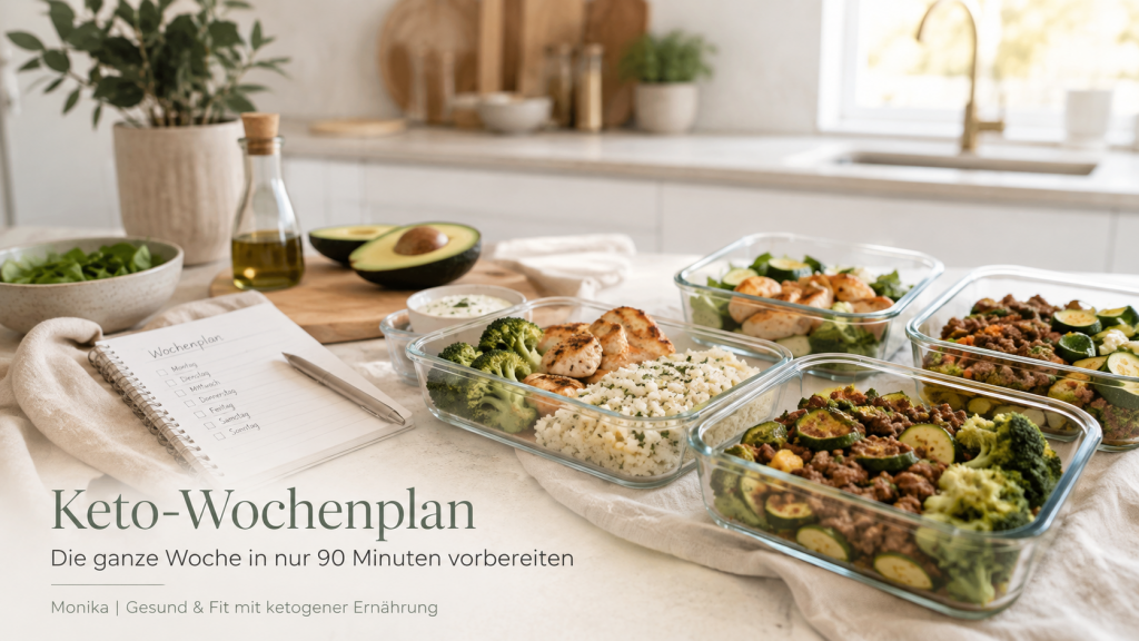 Keto-Wochenplan mit vorbereiteten Mealprep-Boxen für die ganze Woche in nur 90 Minuten