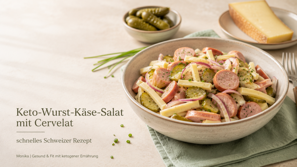 Keto-Wurst-Käse-Salat mit Cervelat, Schweizer Käse, Essiggurken und Zwiebeln als schnelles Low-Carb-Rezept.