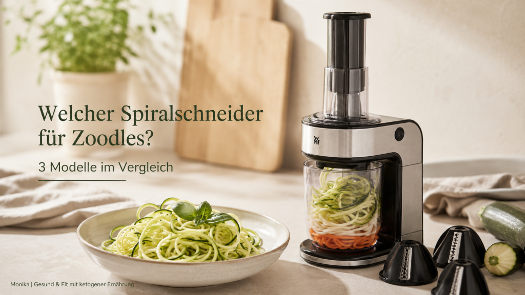 Spiralschneider für Zoodles mit frischen Zucchini-Nudeln und elektrischem WMF Spiralschneider im Vergleich.