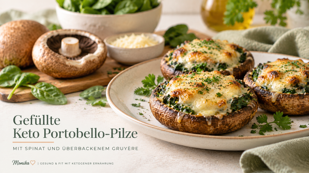 Keto Pilzrezepte mit gefüllten Portobello-Pilzen, Spinat und überbackenem Gruyère.