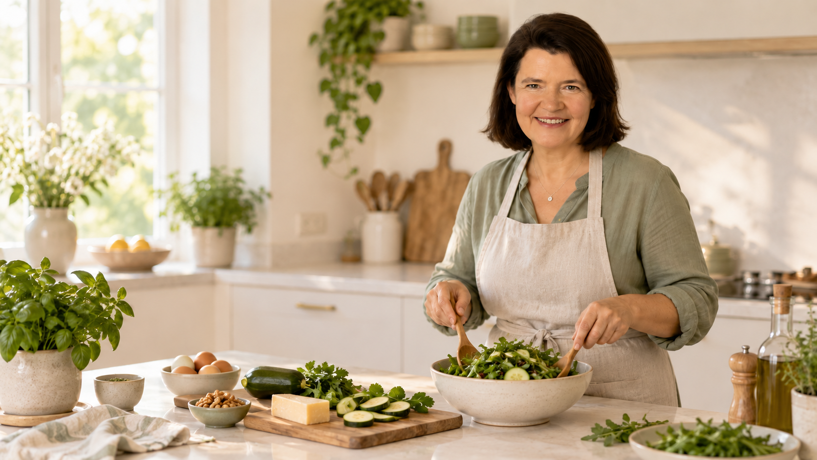 Monika bereitet in einer hellen Küche einen Keto-Salat mit Zucchini, Eiern, Käse und Walnüssen zu.