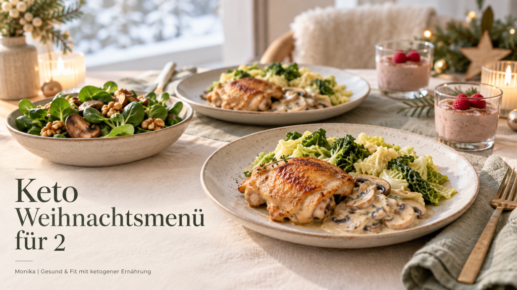 Keto Weihnachtsmenü für 2 mit Poulet, Wirz und Pilzrahm, Nüsslisalat und Schoko-Dessert