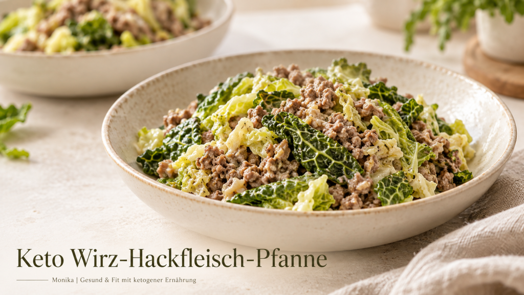 Keto Wirz-Hackfleisch-Pfanne mit Rahmsauce in einer hellen Schale