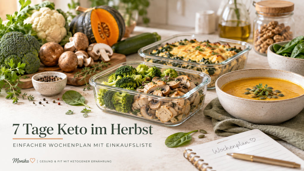 Keto Wochenplan Herbst mit saisonalem Gemüse, Mealprep-Gerichten und Einkaufsliste für sieben Tage.