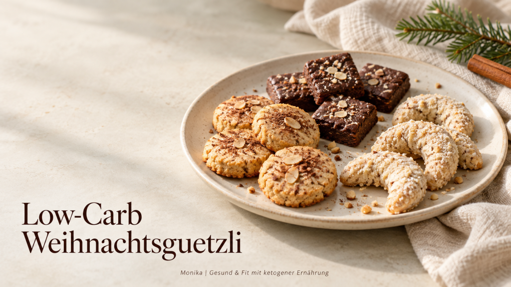Low-Carb Weihnachtsguetzli: Mandel-Zimt-Taler, Schoko-Brunsli und Vanille-Haselnuss-Kipferl auf einem Keramikteller.