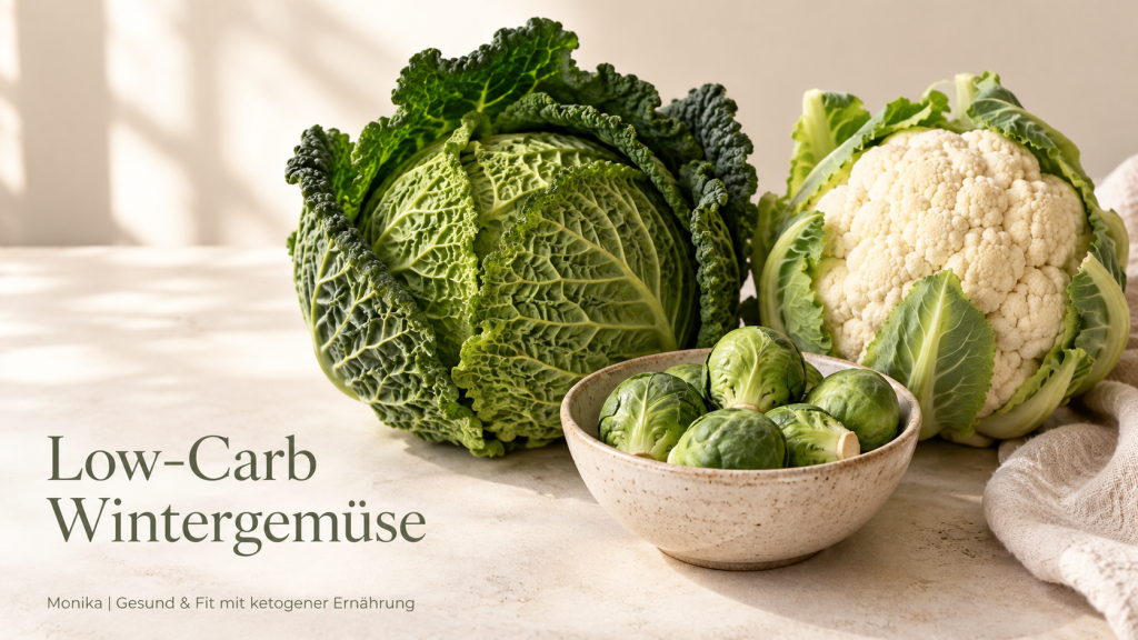 Low-Carb Wintergemüse: Wirz, Blumenkohl und Rosenkohl auf einem hellen Tisch