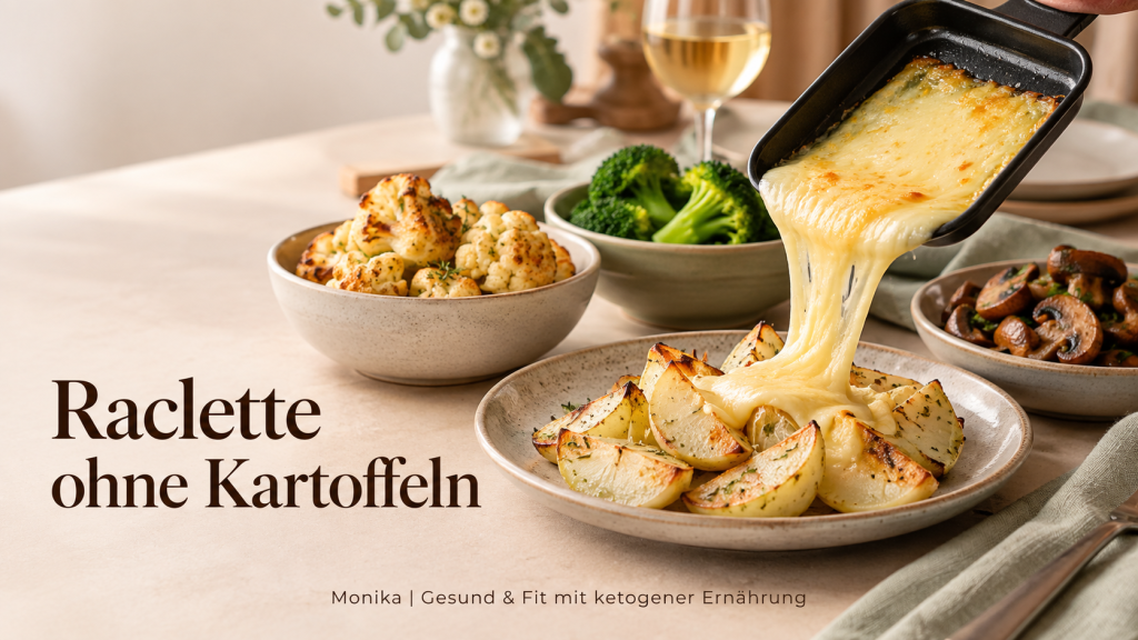 Raclette ohne Kartoffeln mit geschmolzenem Käse über geröstetem Gemüse; daneben stehen Brokkoli, Blumenkohl und Pilze.