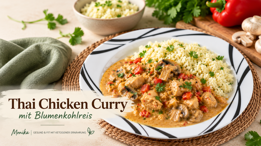 Thai Chicken Curry mit Blumenkohlreis – cremiges Low-Carb- und Keto-Rezept mit Poulet, Champignons und Peperoni